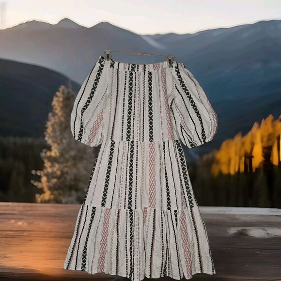 Boho Hippie Tiered Midi Dress Size Small Off Cold Shoulder Puff Sleeves Comfort - Picture 2 of 9